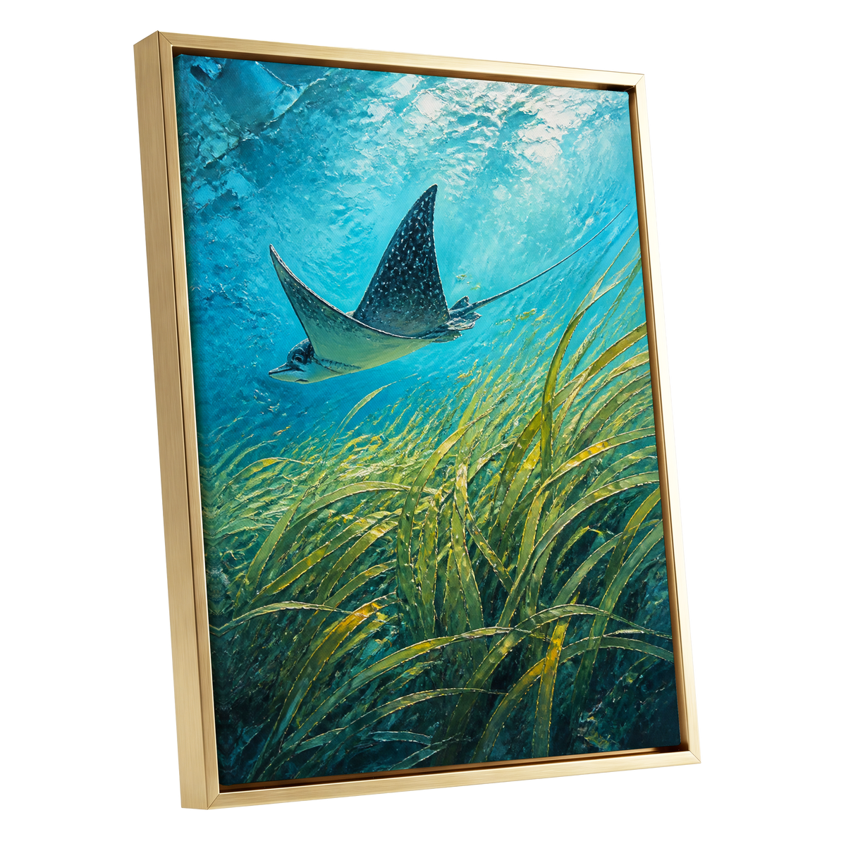 Glide Through Seagrass, blue, green nature wall art shown as a gold framed canvas wall art