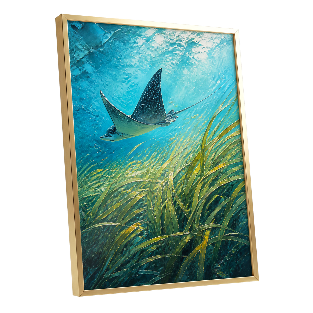 Glide Through Seagrass, blue, green nature wall art shown as a gold framed poster wall art print