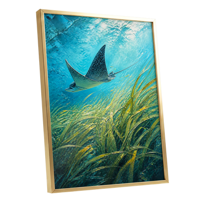 Glide Through Seagrass, blue, green nature wall art shown as a gold framed poster wall art print