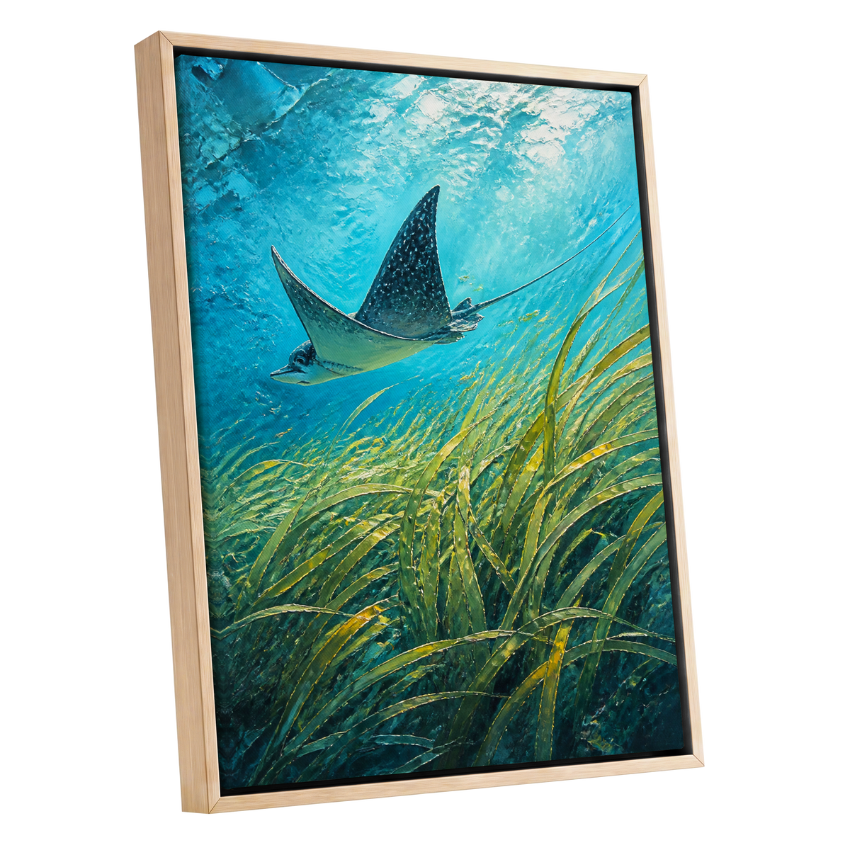 Glide Through Seagrass, blue, green nature wall art shown as a oak framed canvas wall art