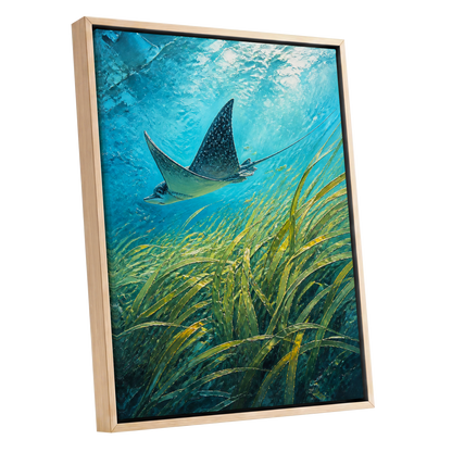 Glide Through Seagrass, blue, green nature wall art shown as a oak framed canvas wall art