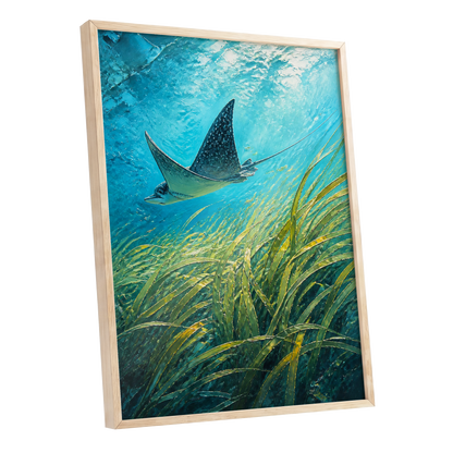 Glide Through Seagrass, blue, green nature wall art shown as a oak framed poster wall art print
