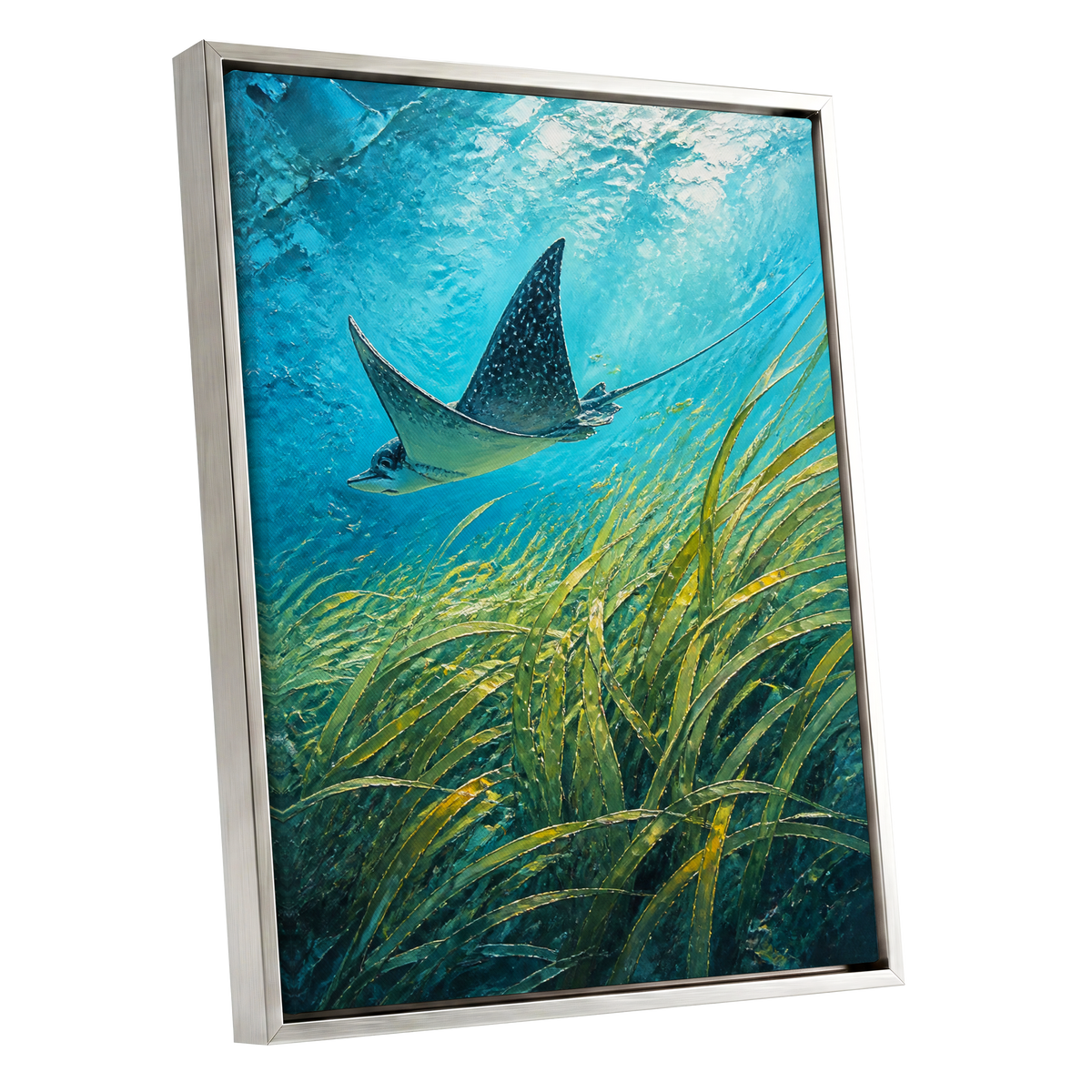 Glide Through Seagrass, blue, green nature wall art shown as a silver framed canvas wall art