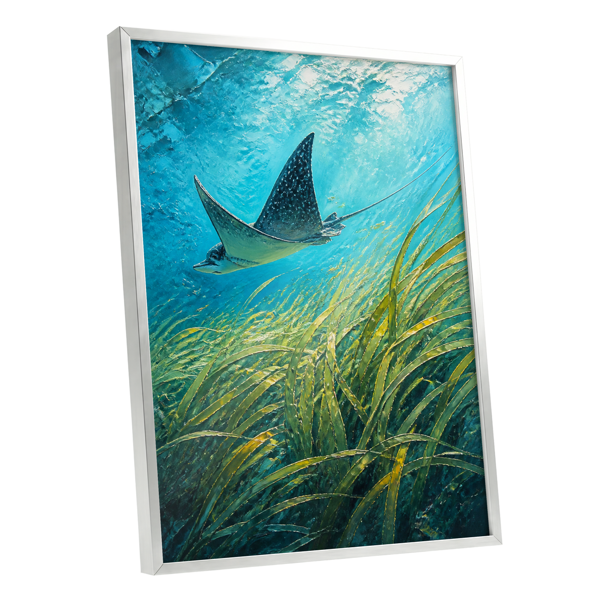 Glide Through Seagrass, blue, green nature wall art shown as a silver framed poster wall art print