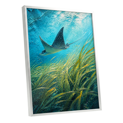Glide Through Seagrass, blue, green nature wall art shown as a silver framed poster wall art print