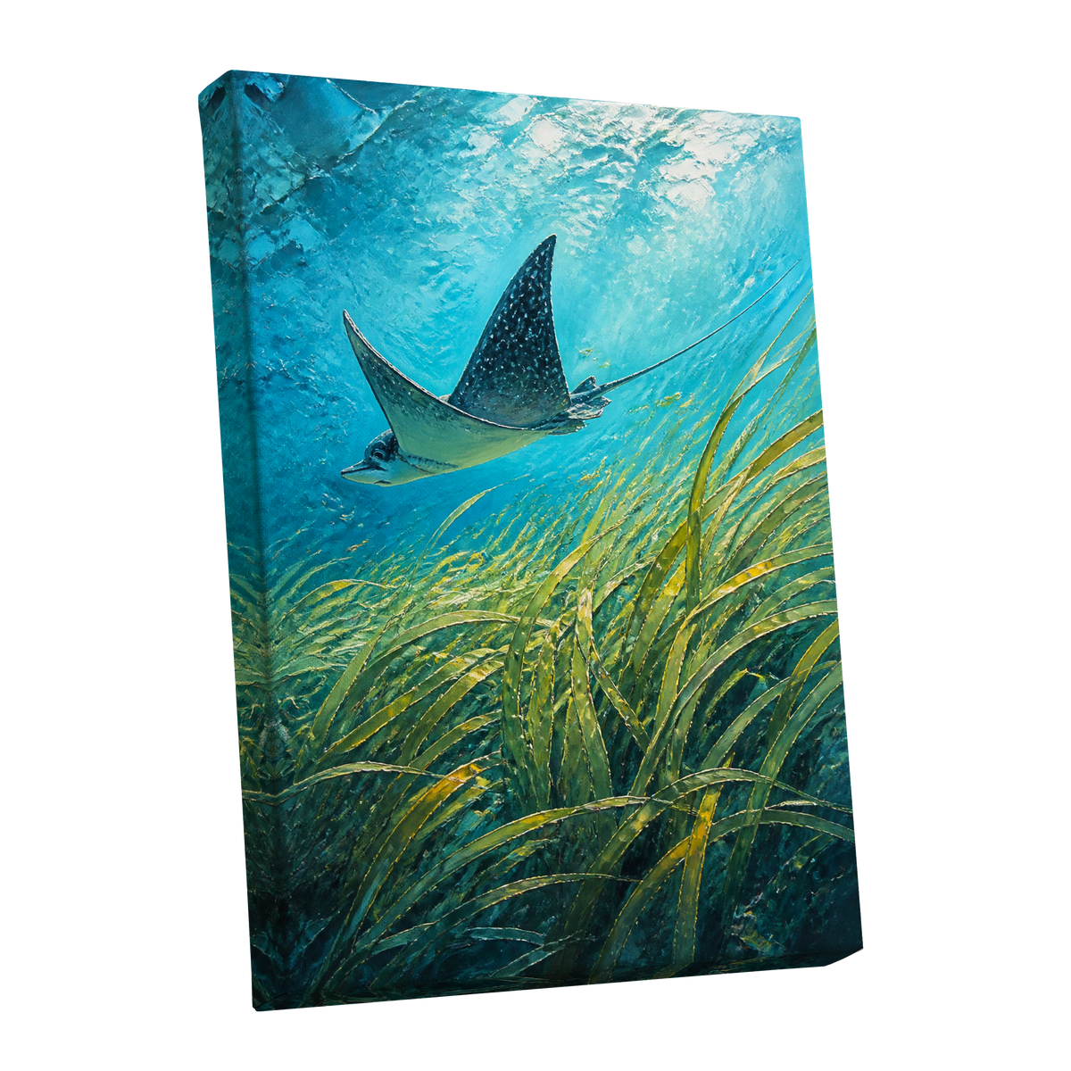 Glide Through Seagrass, blue, green nature wall art shown as a stretched canvas wall art