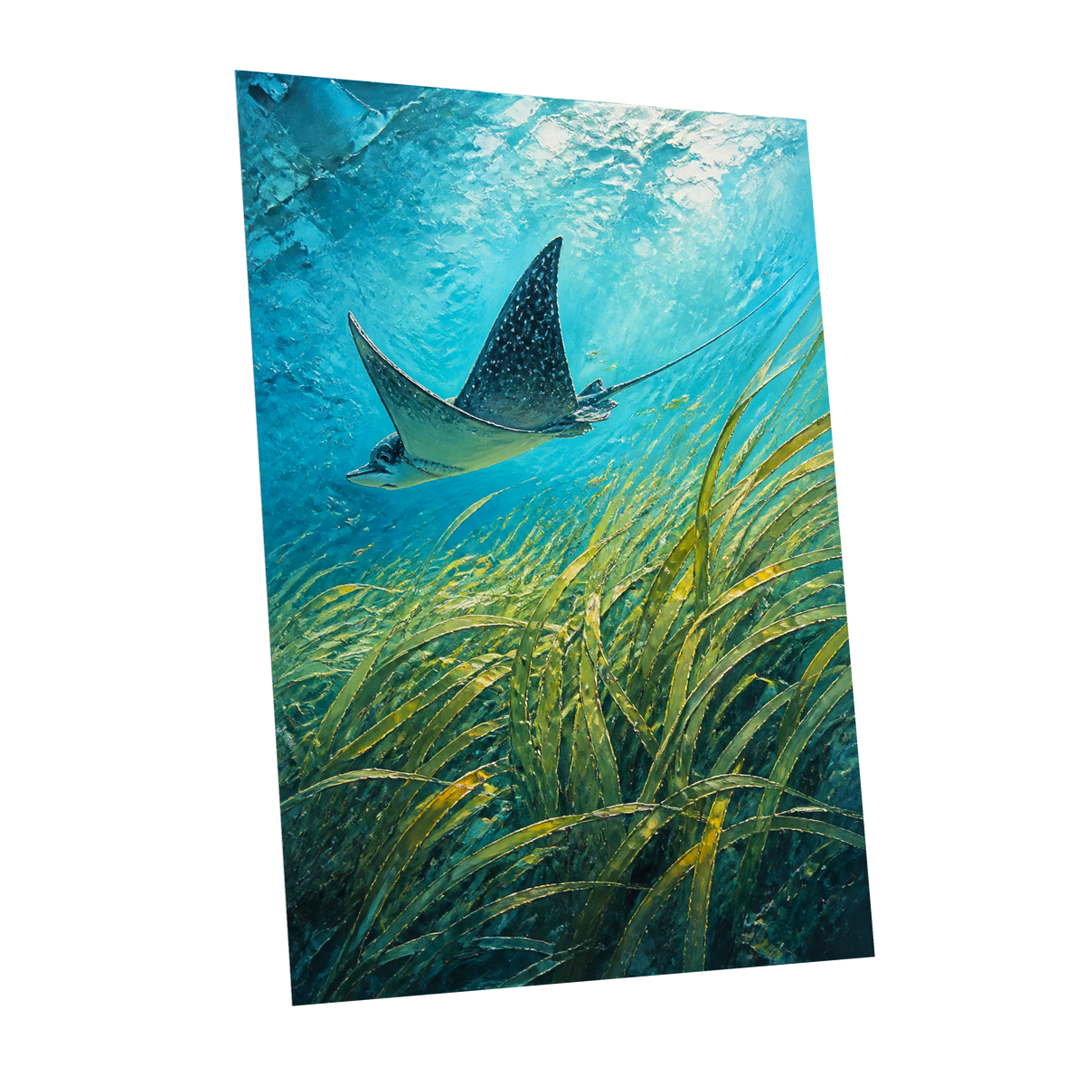 Glide Through Seagrass, blue, green nature wall art shown as a unframed poster wall art print