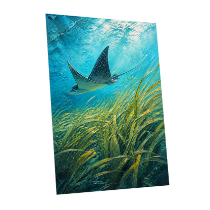 Glide Through Seagrass, blue, green nature wall art shown as a unframed poster wall art print