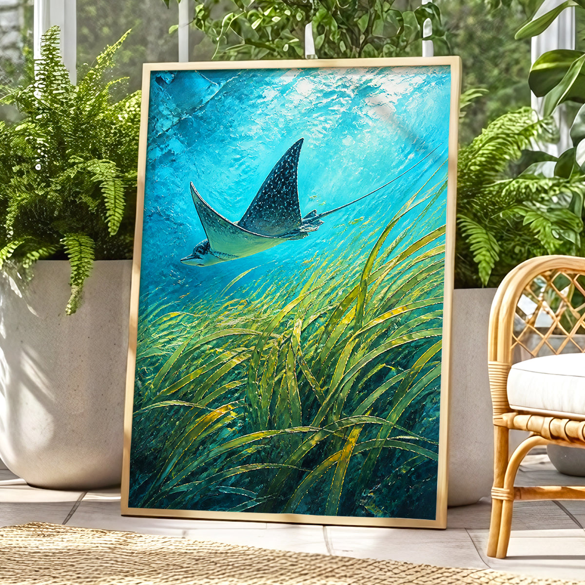 Glide Through Seagrass, blue, green nature wall art displayed in a styled interior, gallery view 1