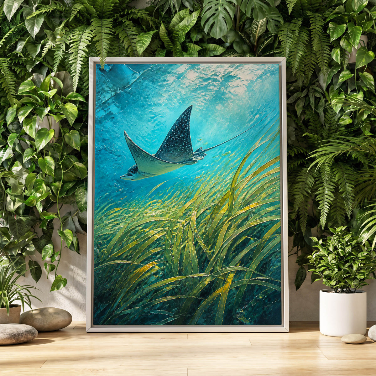 Glide Through Seagrass, blue, green nature wall art displayed in a styled interior, gallery view 2