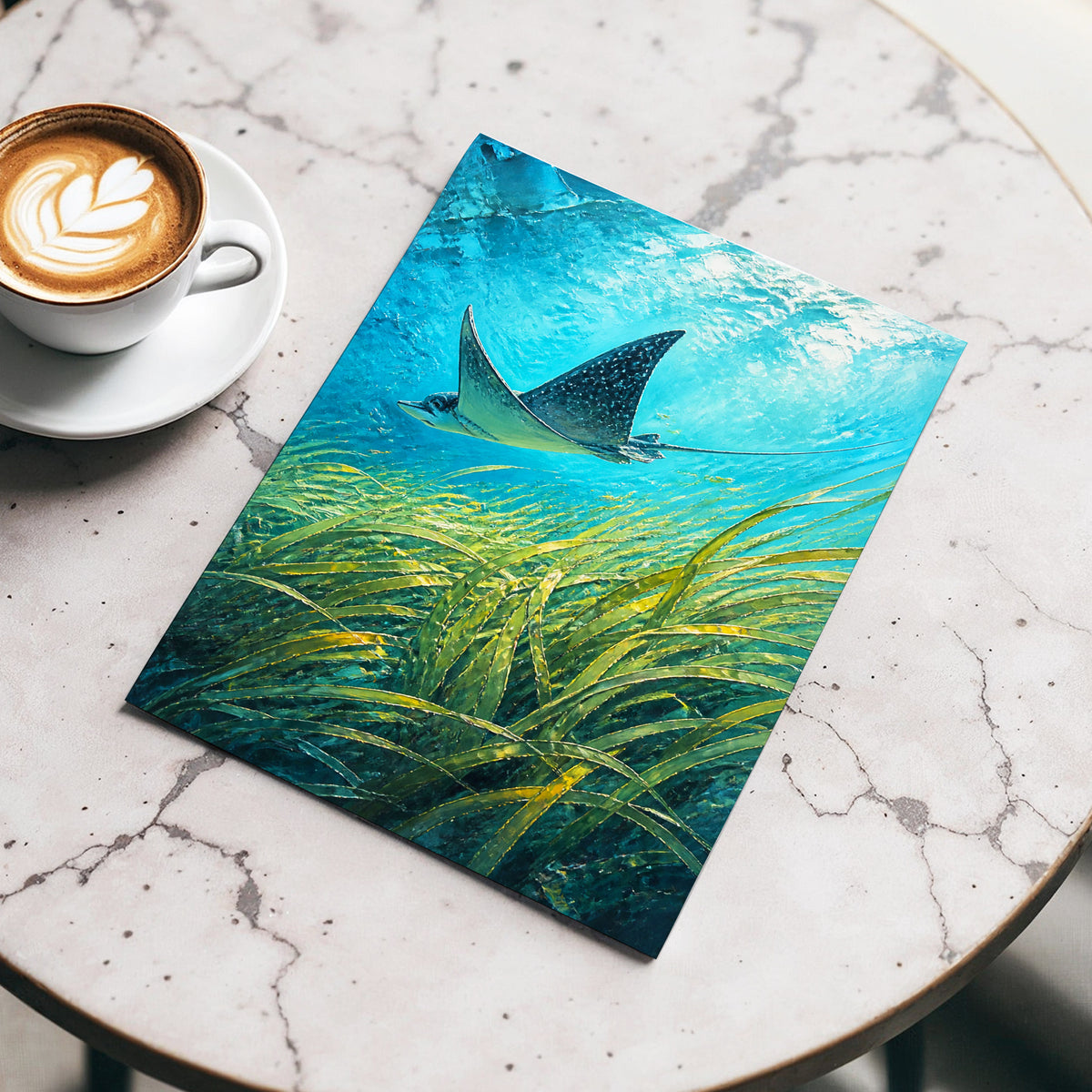 Glide Through Seagrass, blue, green nature wall art displayed in a styled interior, gallery view 3