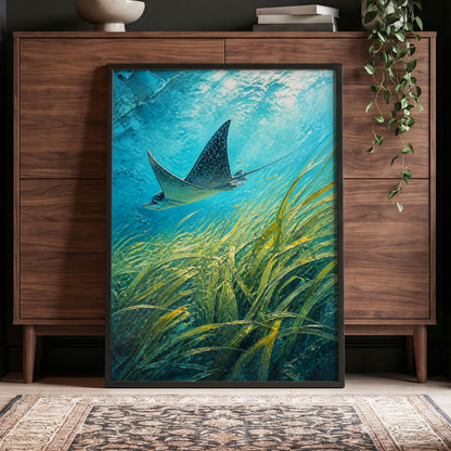 Glide Through Seagrass, blue, green nature wall art displayed in a styled interior, gallery view 4