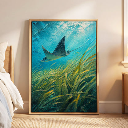 Glide Through Seagrass, blue, green nature wall art displayed in a styled interior, gallery view 5