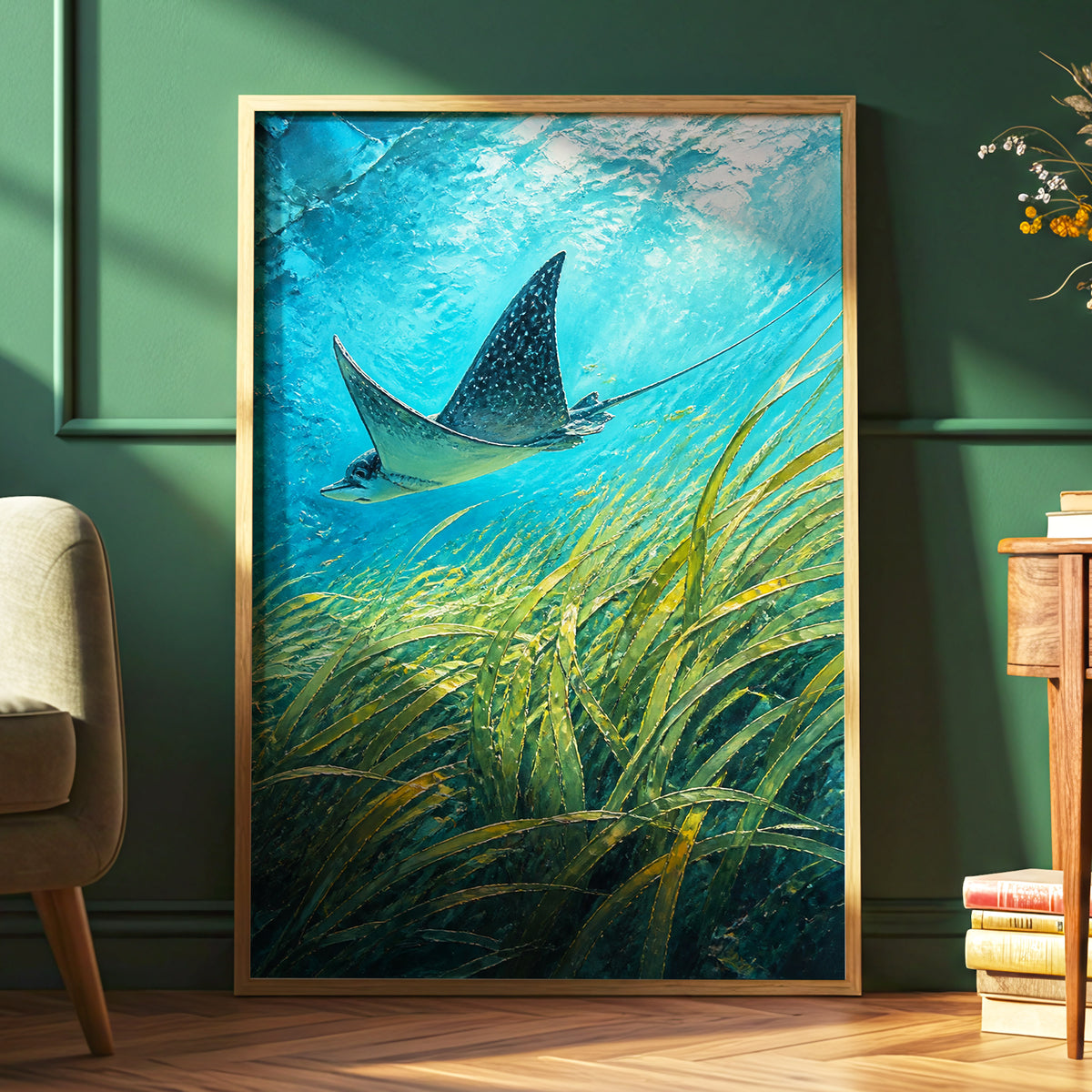 Glide Through Seagrass, blue, green nature wall art displayed in a styled interior, gallery view 6