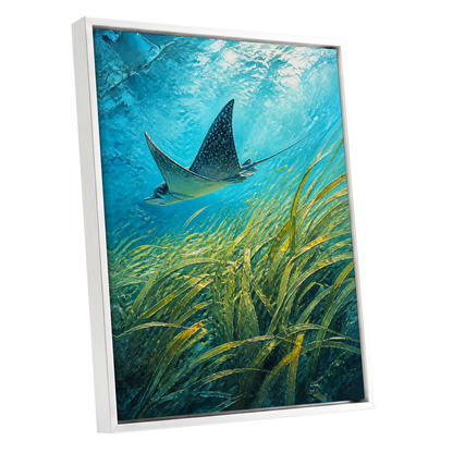 Glide Through Seagrass, blue, green nature wall art shown as a white framed canvas wall art