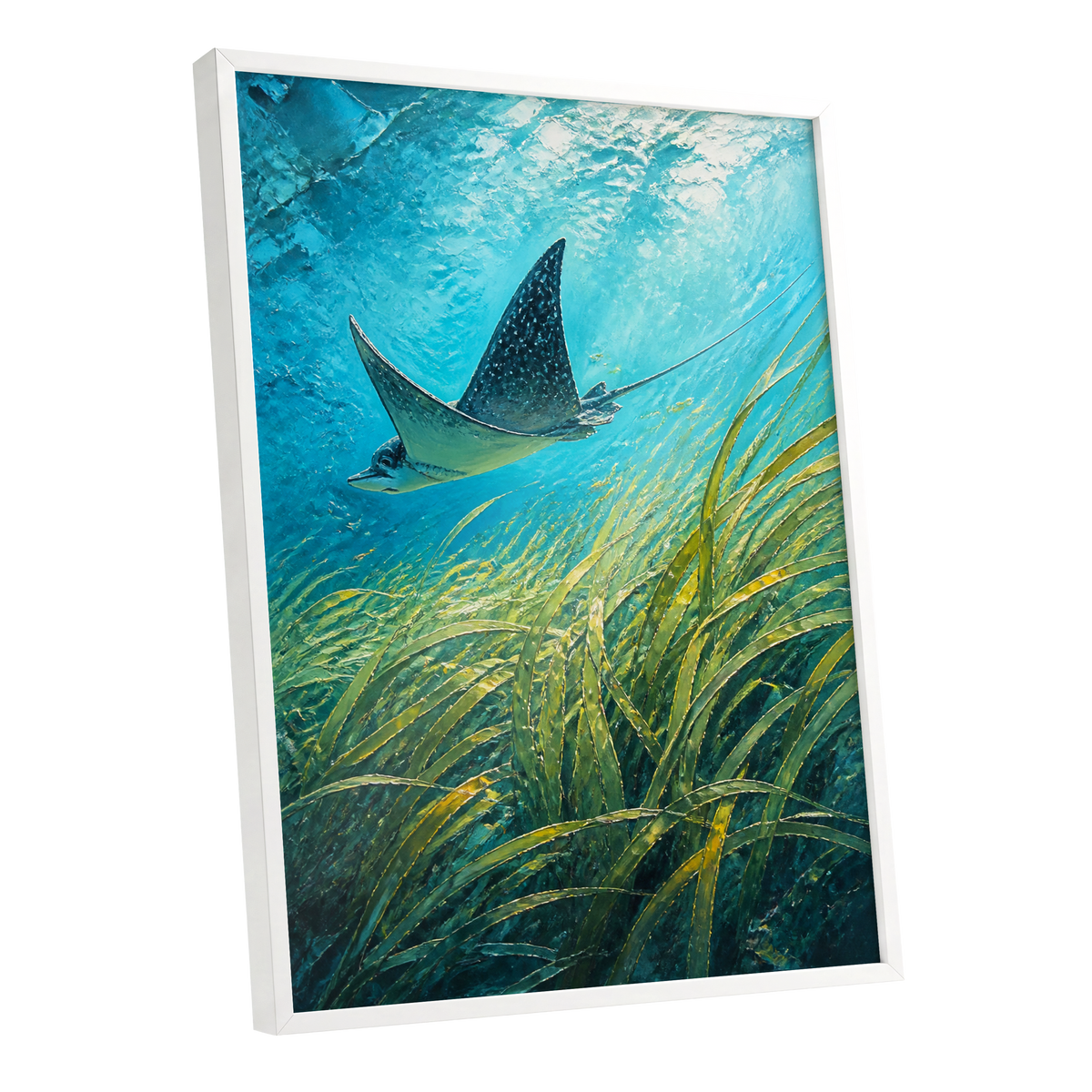 Glide Through Seagrass, blue, green nature wall art shown as a white framed poster wall art print