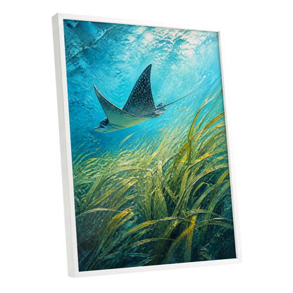Glide Through Seagrass, blue, green nature wall art shown as a white framed poster wall art print