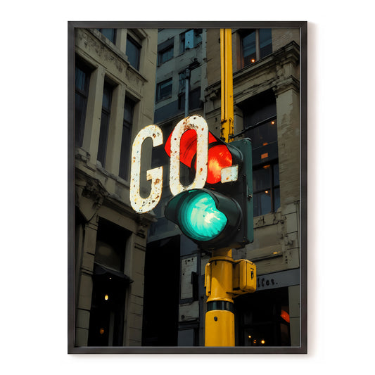 Go Signal, black, yellow, beige minimalist wall art, front artwork view