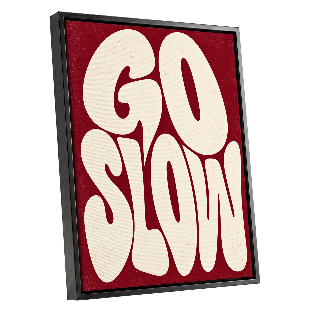 Go Slow Ruby, red, beige abstract wall art shown as a black framed canvas wall art