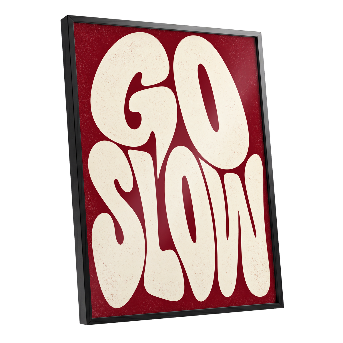 Go Slow Ruby, red, beige abstract wall art shown as a black framed poster wall art print