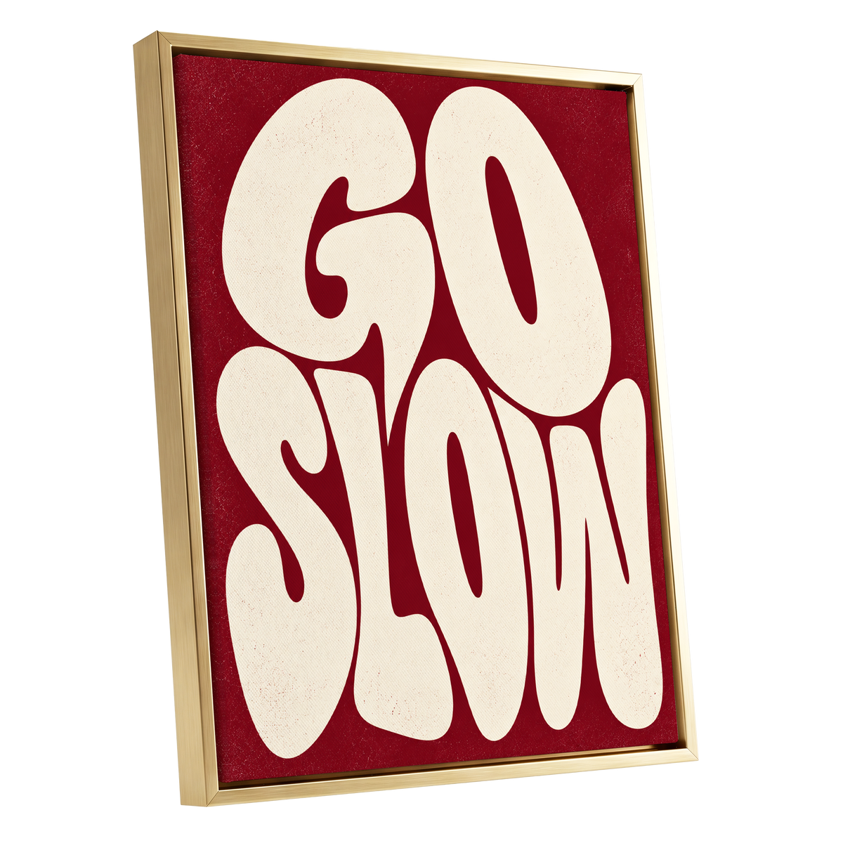 Go Slow Ruby, red, beige abstract wall art shown as a gold framed canvas wall art