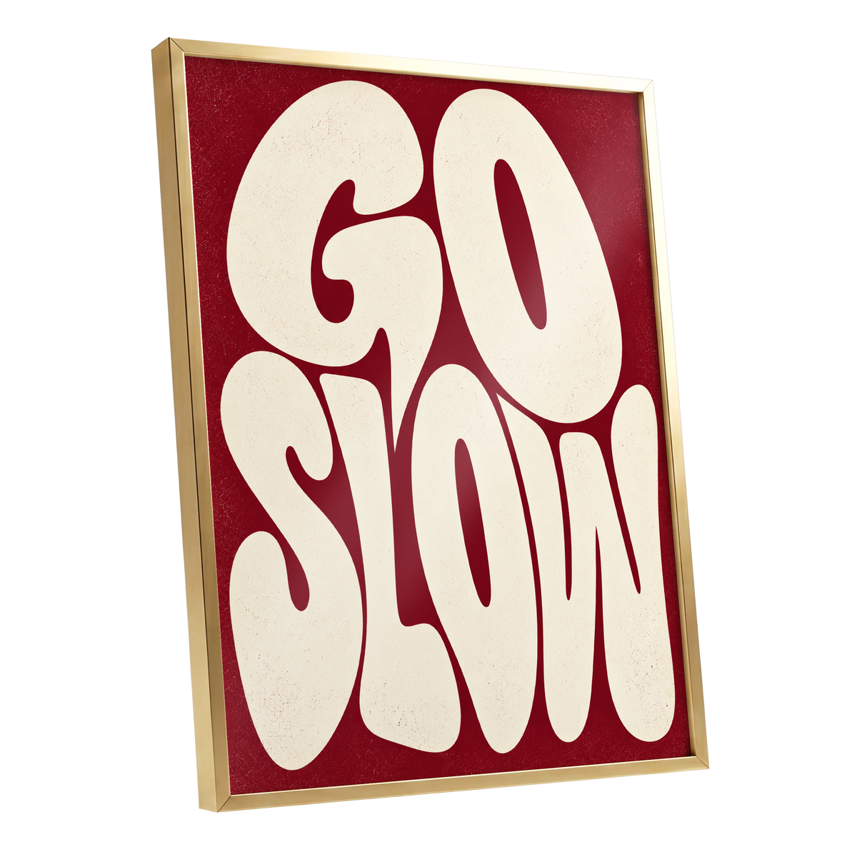 Go Slow Ruby, red, beige abstract wall art shown as a gold framed poster wall art print