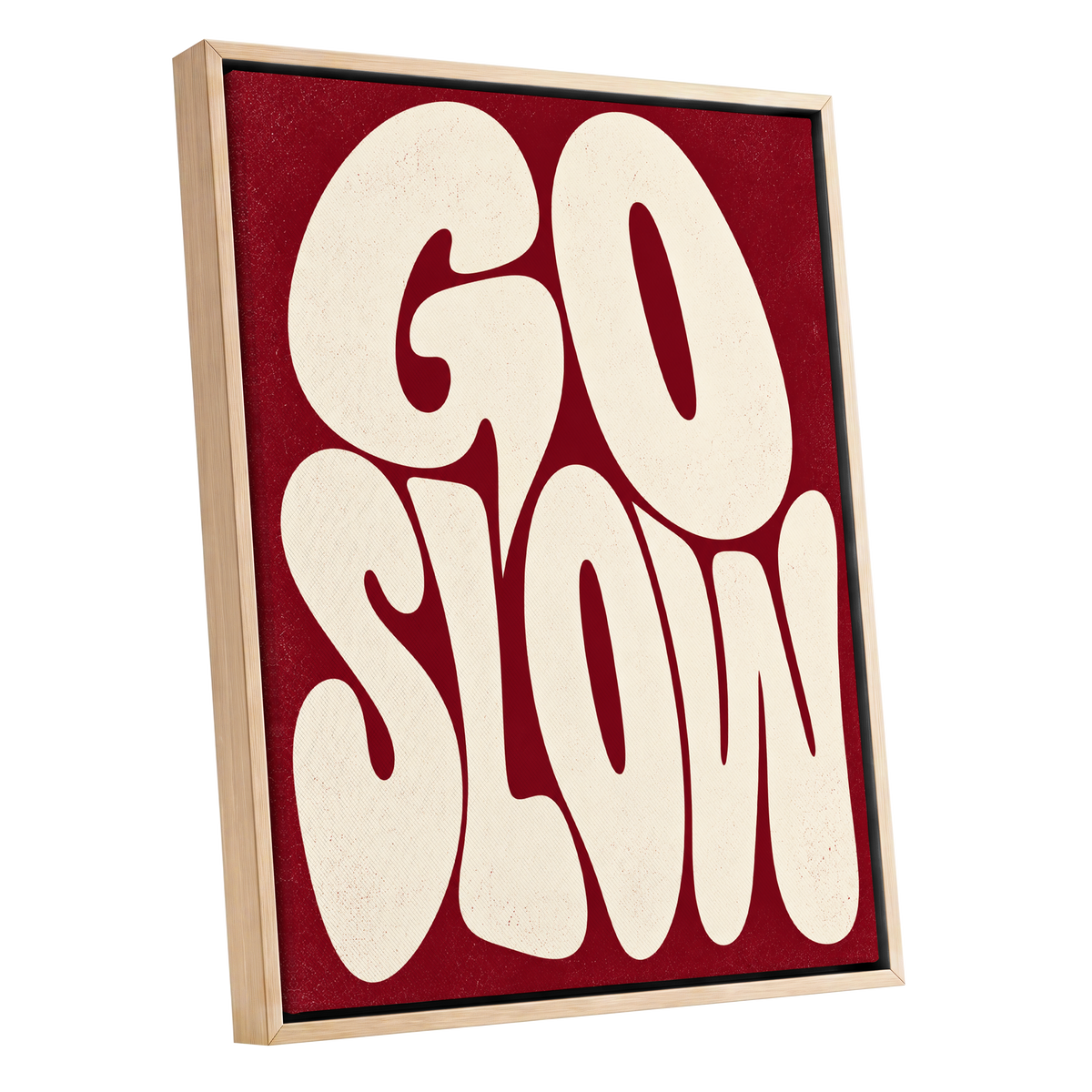 Go Slow Ruby, red, beige abstract wall art shown as a oak framed canvas wall art