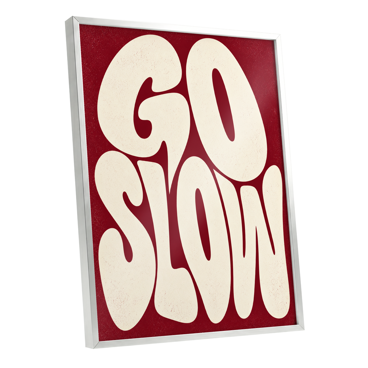 Go Slow Ruby, red, beige abstract wall art shown as a silver framed poster wall art print