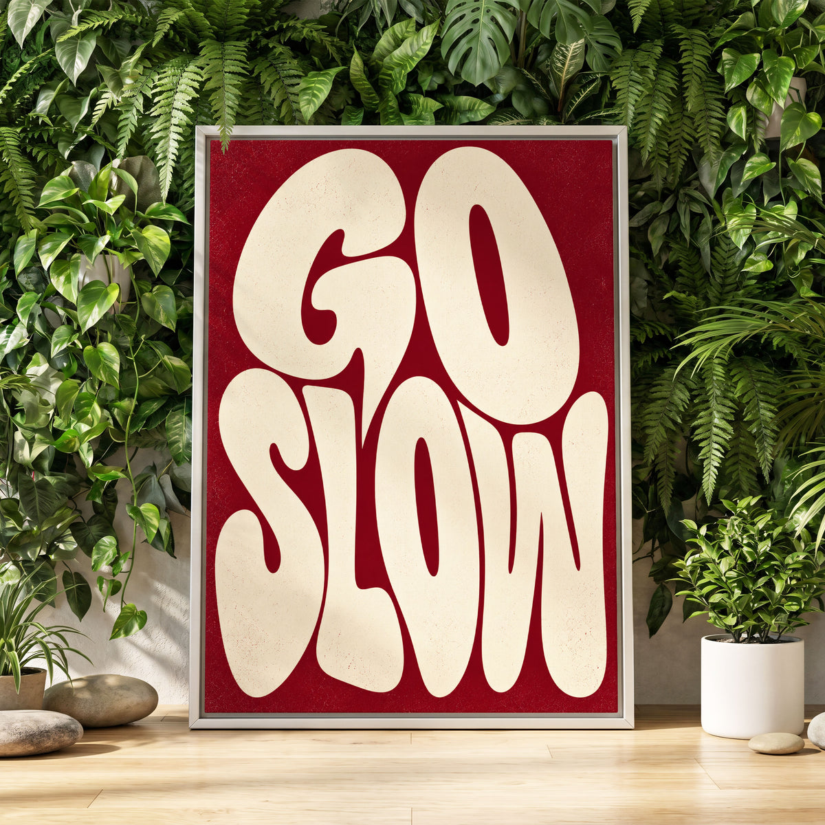 Go Slow Ruby, red, beige abstract wall art displayed in a styled interior, gallery view 1