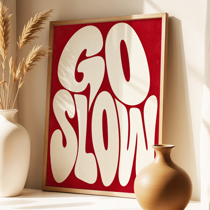 Go Slow Ruby, red, beige abstract wall art displayed in a styled interior, gallery view 2