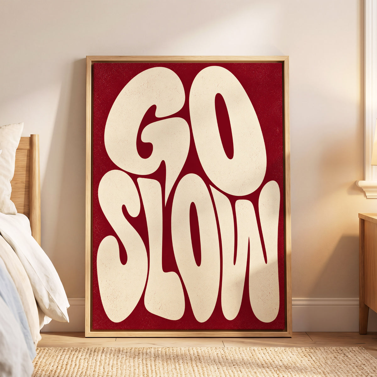 Go Slow Ruby, red, beige abstract wall art displayed in a styled interior, gallery view 5