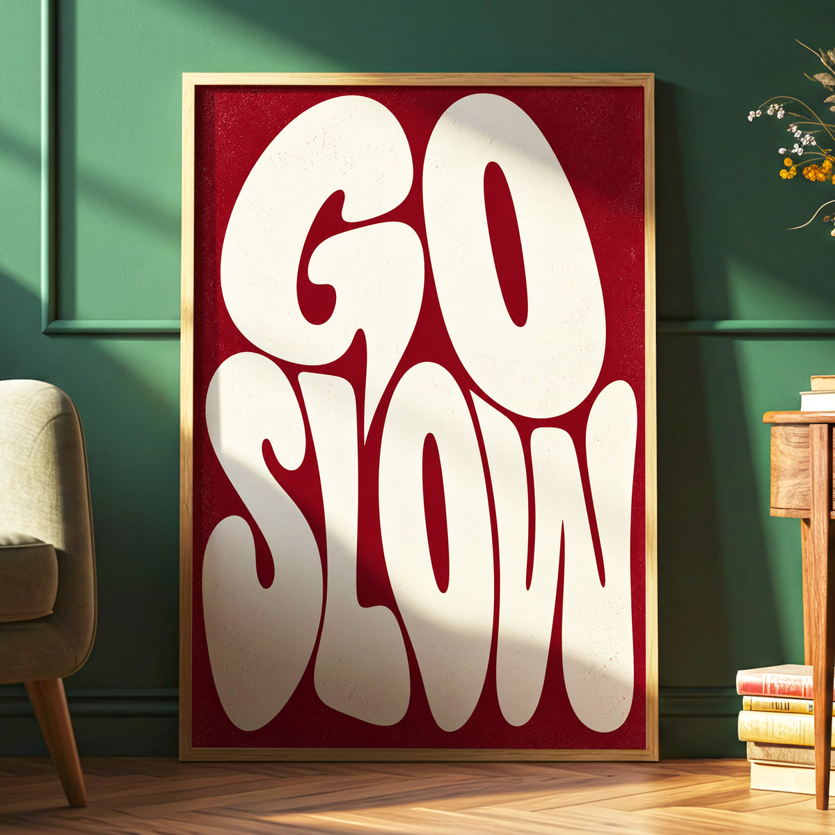 Go Slow Ruby, red, beige abstract wall art displayed in a styled interior, gallery view 6
