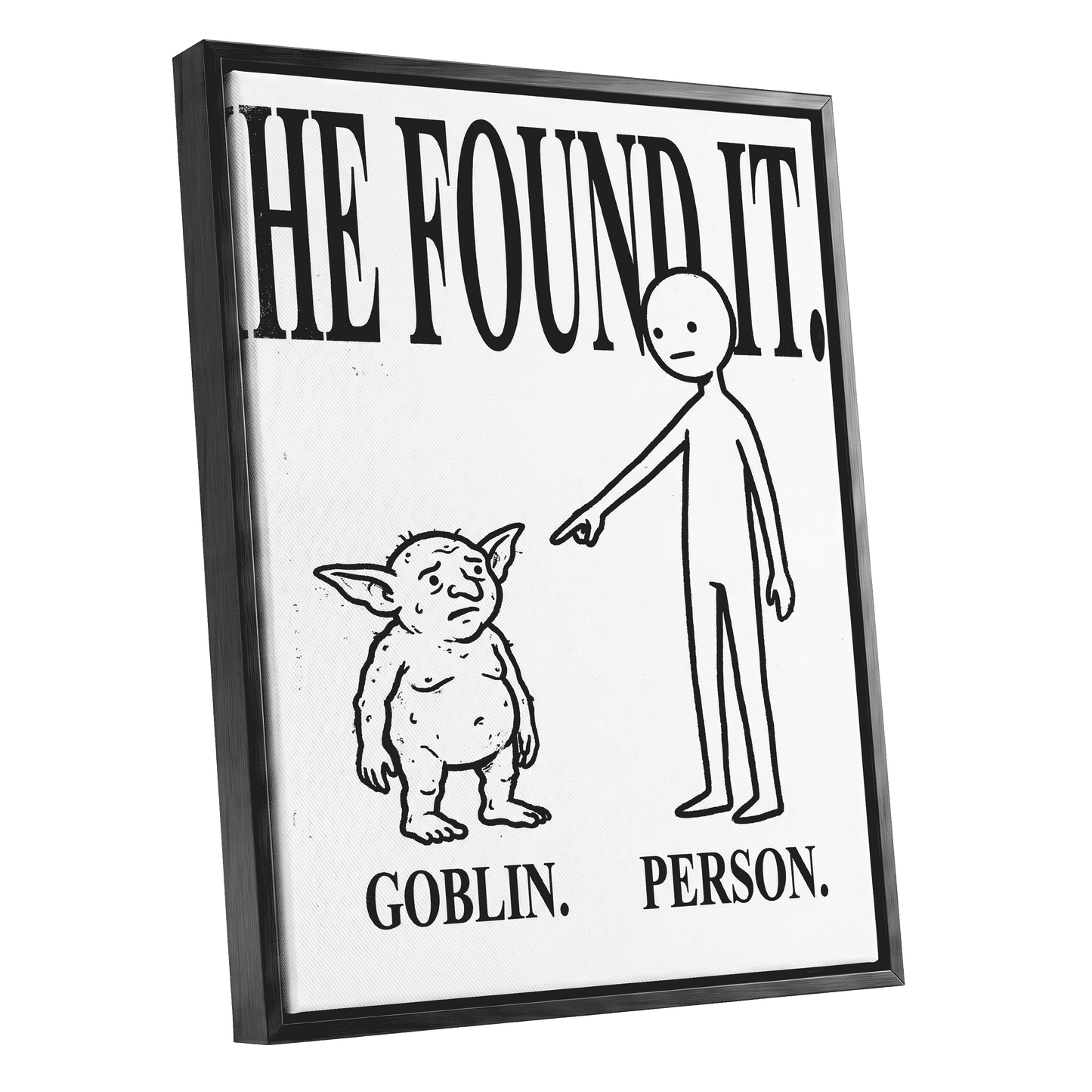 Goblin Found, black, white, beige minimalist wall art shown as a black framed canvas wall art