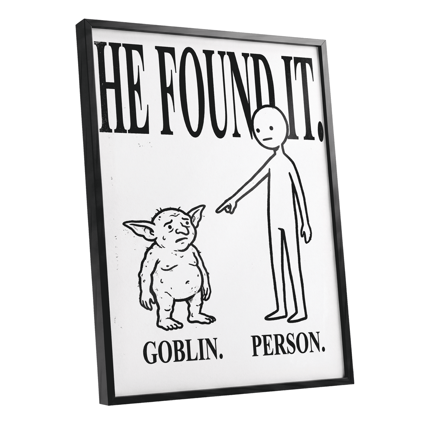 Goblin Found, black, white, beige minimalist wall art shown as a black framed poster wall art print