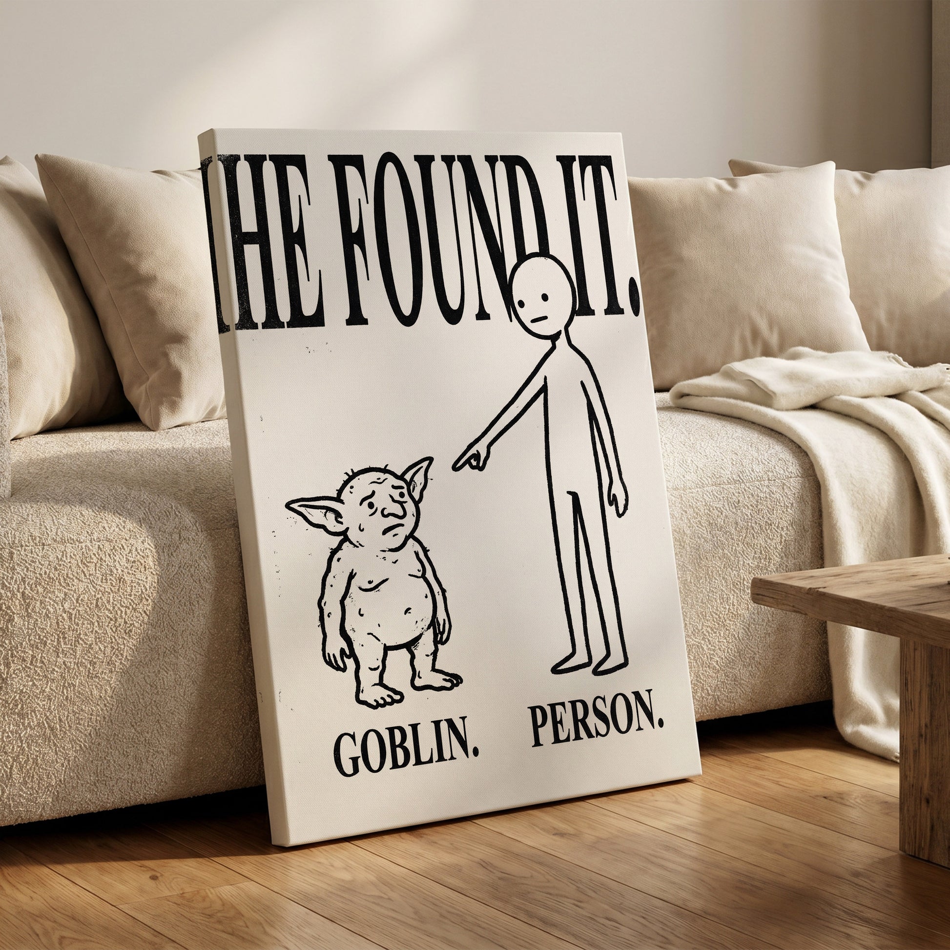 Goblin Found, black, white, beige minimalist wall art on canvas displayed in a styled interior, gallery view 1