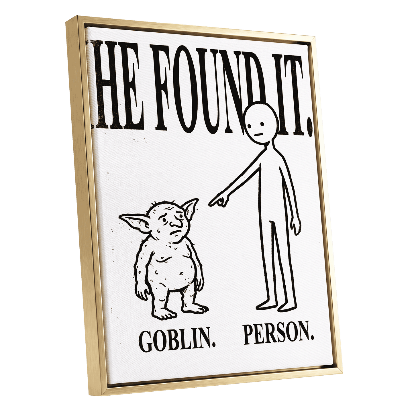 Goblin Found, black, white, beige minimalist wall art shown as a gold framed canvas wall art