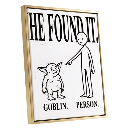 Goblin Found, black, white, beige minimalist wall art shown as a gold framed canvas wall art
