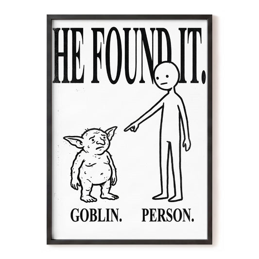 Goblin Found, black, white, beige minimalist wall art, front artwork view