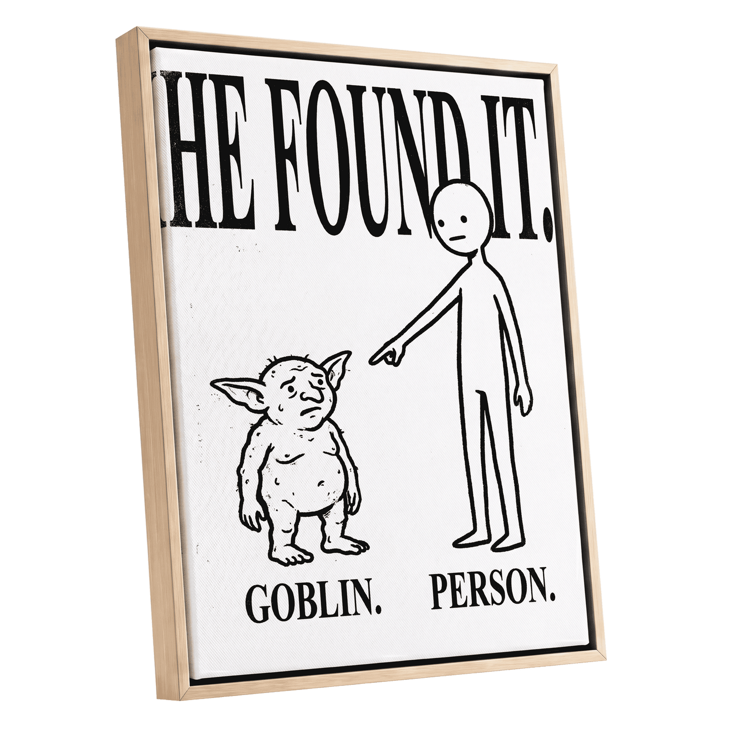 Goblin Found, black, white, beige minimalist wall art shown as a oak framed canvas wall art