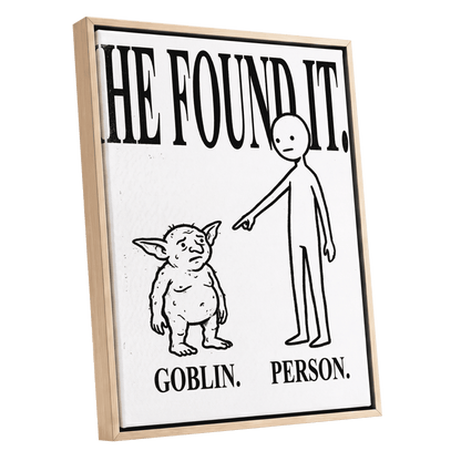 Goblin Found, black, white, beige minimalist wall art shown as a oak framed canvas wall art