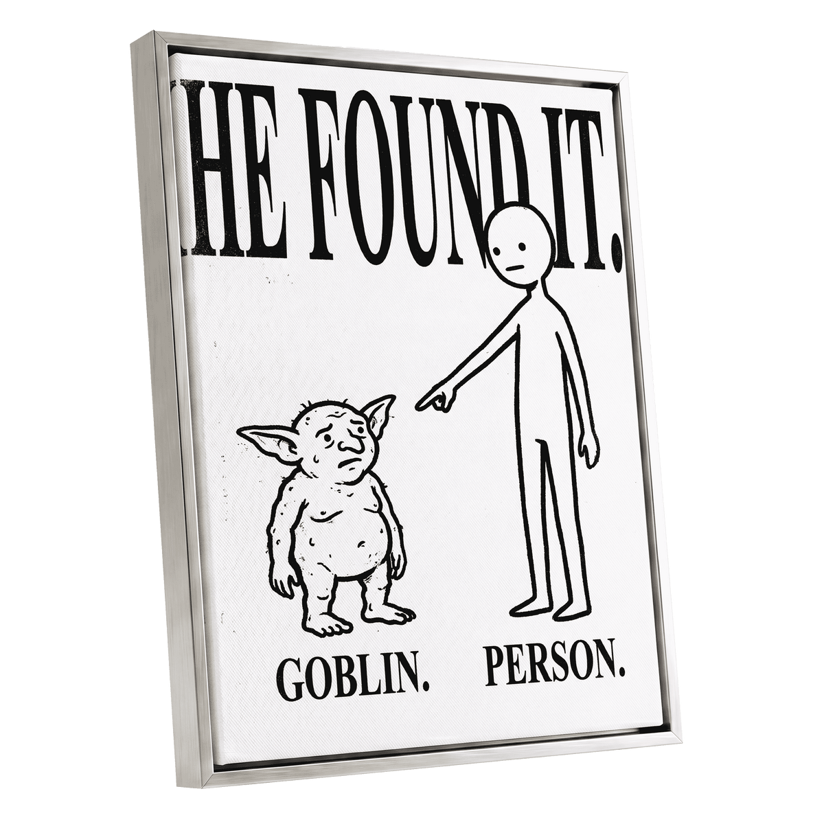 Goblin Found, black, white, beige minimalist wall art shown as a silver framed canvas wall art