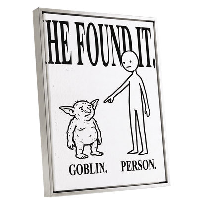 Goblin Found, black, white, beige minimalist wall art shown as a silver framed canvas wall art