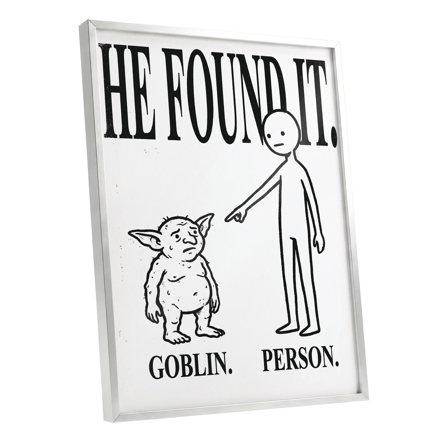 Goblin Found, black, white, beige minimalist wall art shown as a silver framed poster wall art print