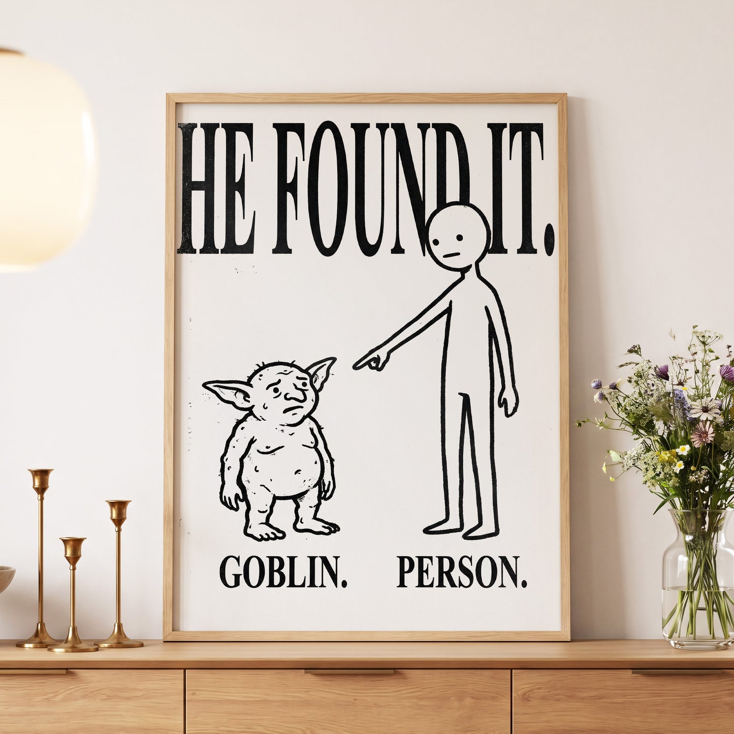 Goblin Found, black, white, beige minimalist wall art displayed in a styled interior, gallery view 5