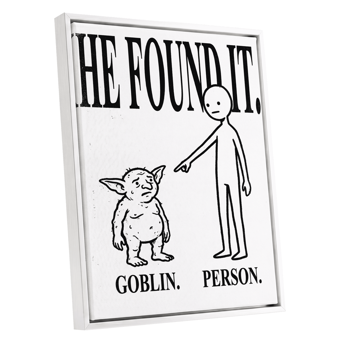 Goblin Found, black, white, beige minimalist wall art shown as a white framed canvas wall art
