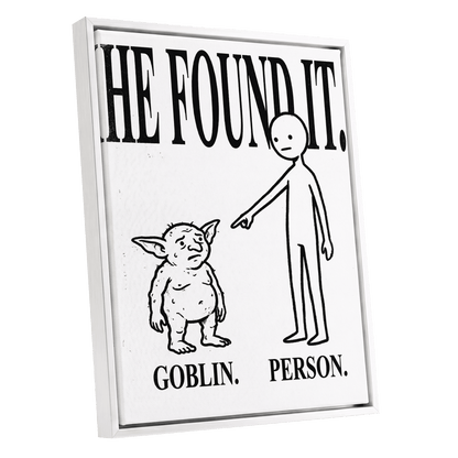 Goblin Found, black, white, beige minimalist wall art shown as a white framed canvas wall art