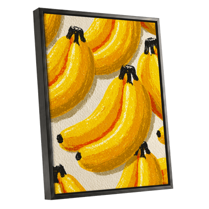 Golden Banana Parade, yellow, gold, orange nature wall art shown as a black framed canvas wall art
