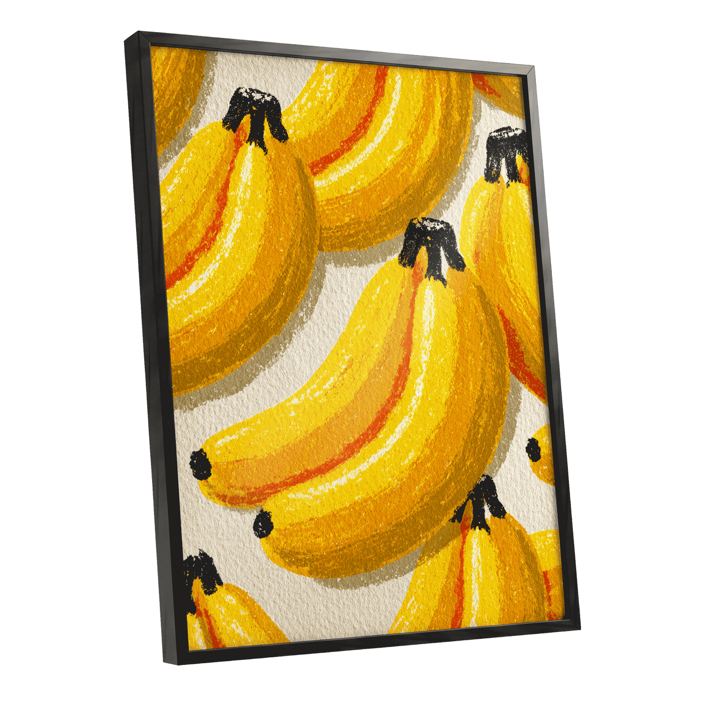 Golden Banana Parade, yellow, gold, orange nature wall art shown as a black framed poster wall art print