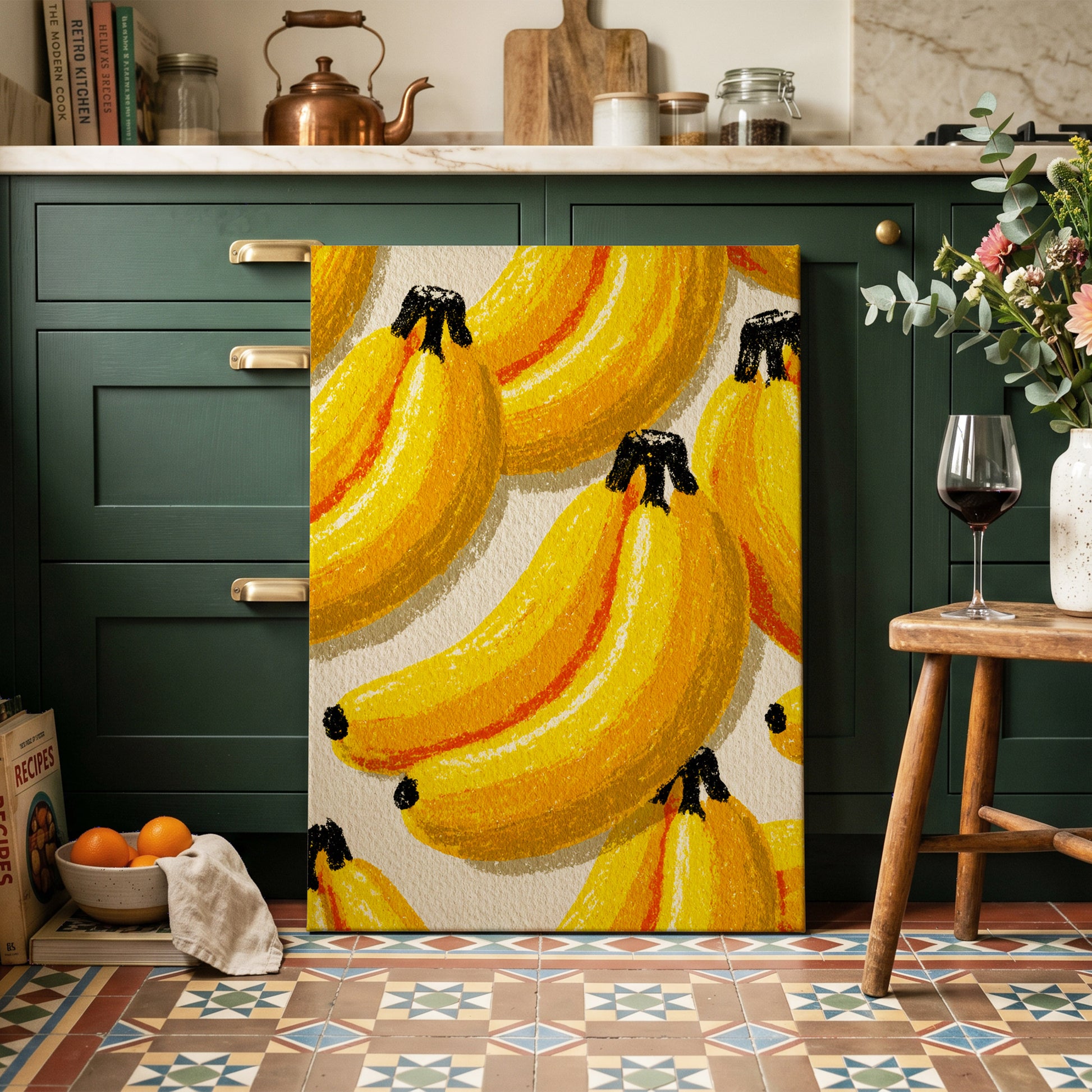 Golden Banana Parade, yellow, gold, orange nature wall art on canvas displayed in a styled interior, gallery view 1