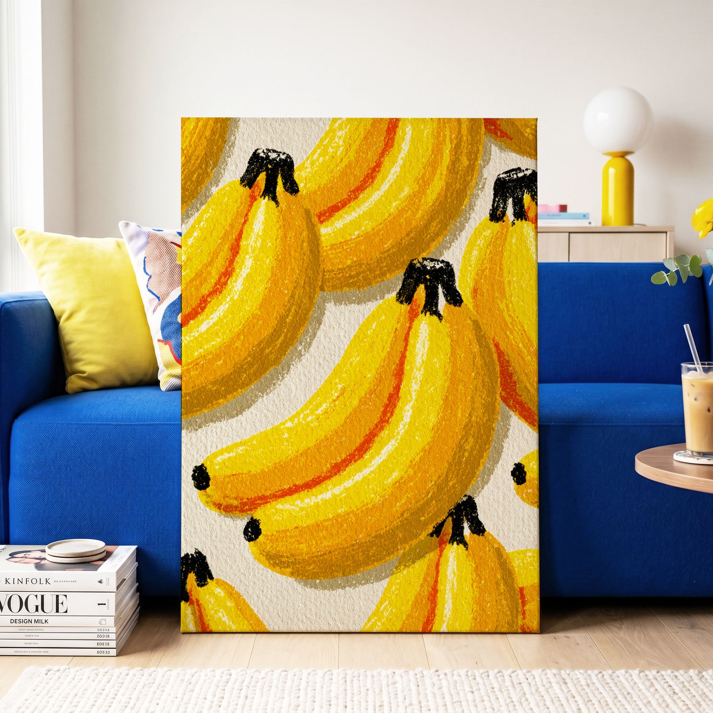 Golden Banana Parade, yellow, gold, orange nature wall art on canvas displayed in a styled interior, gallery view 2